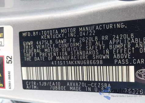 2022 Toyota Camry Se из США, поврежденный, VIN 4T1S11AKXNU686698